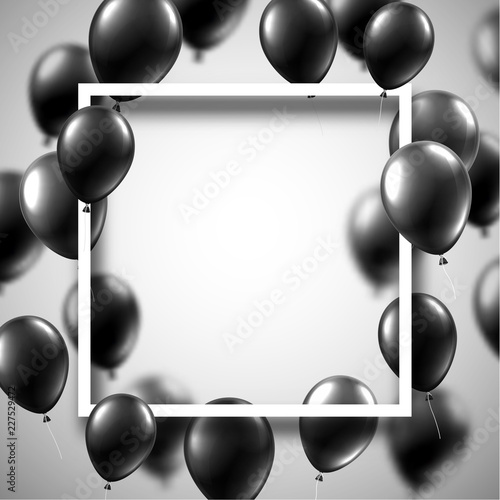 Festive background with square frame and black shiny balloons.