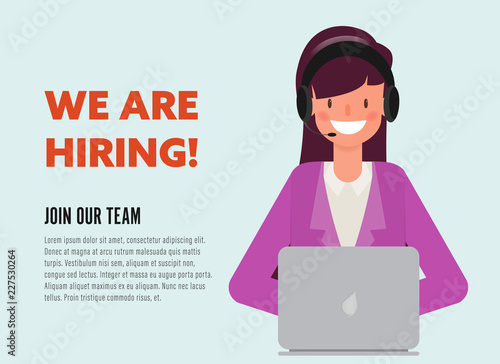 We are hiring concept banner. Businesswoman character with a laptop to call center.