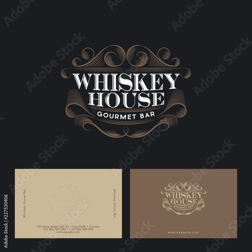 Whiskey house logo. Vintage pub or bar emblem. Restaurant emblems. Beautiful curls and letters isolated on a dark background. Identity. Business card.