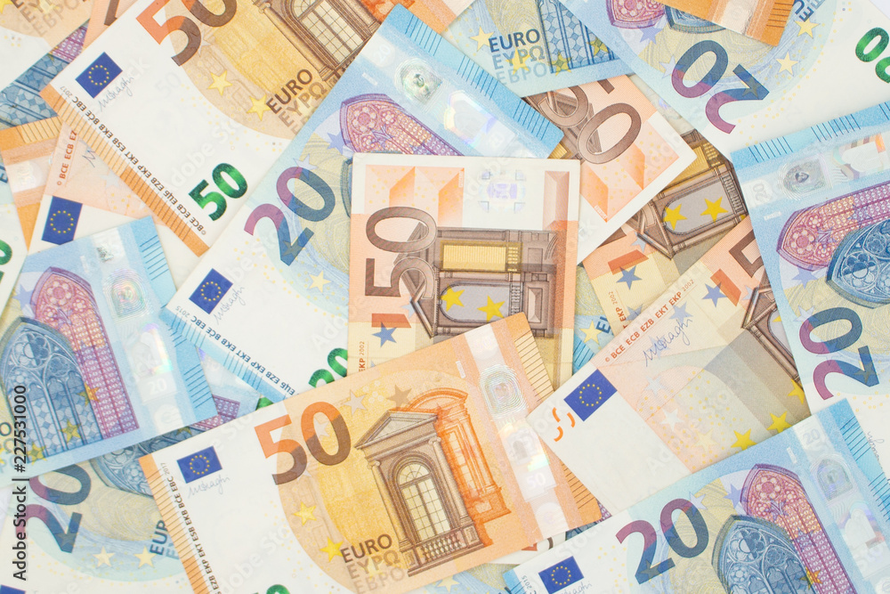 Close up of euro banknotes. Background of European Union currency