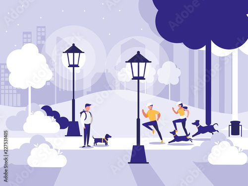 people in park with lamps isolated icon