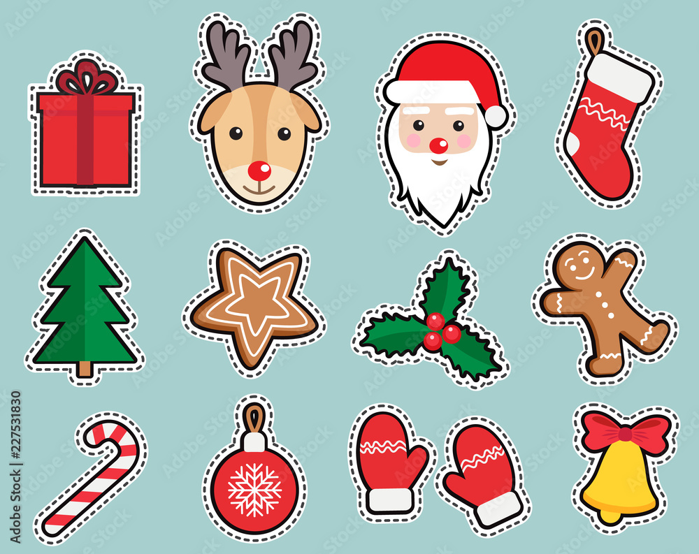 Christmas, New Year cute symbols sticker set: patches of Santa ...