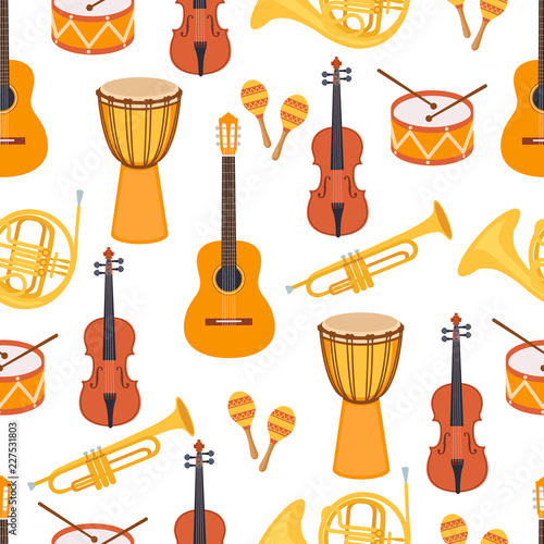 Seamless stylish colorful pattern of musical instruments on white background. Violin, djembe, drum, maracas, guitar, saxophone, pipe. Flat style. Vector illustration