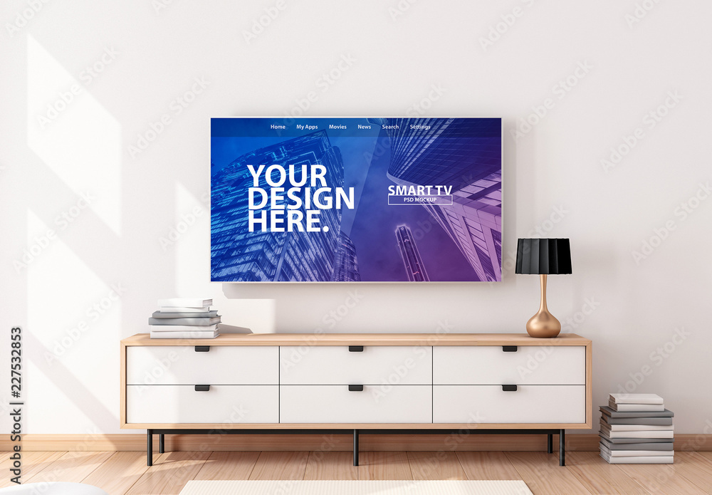 Smart TV Hanging on Wall in Living Room Mockup Template Stock | Adobe Stock