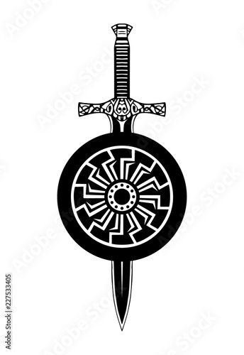 Sword shield tattoo, viking set. Celtic knightly emblem logo Stock Vector | Adobe Stock Sword shield tattoo, viking set. Celtic knightly emblem logo Stock Vector | Adobe Stock