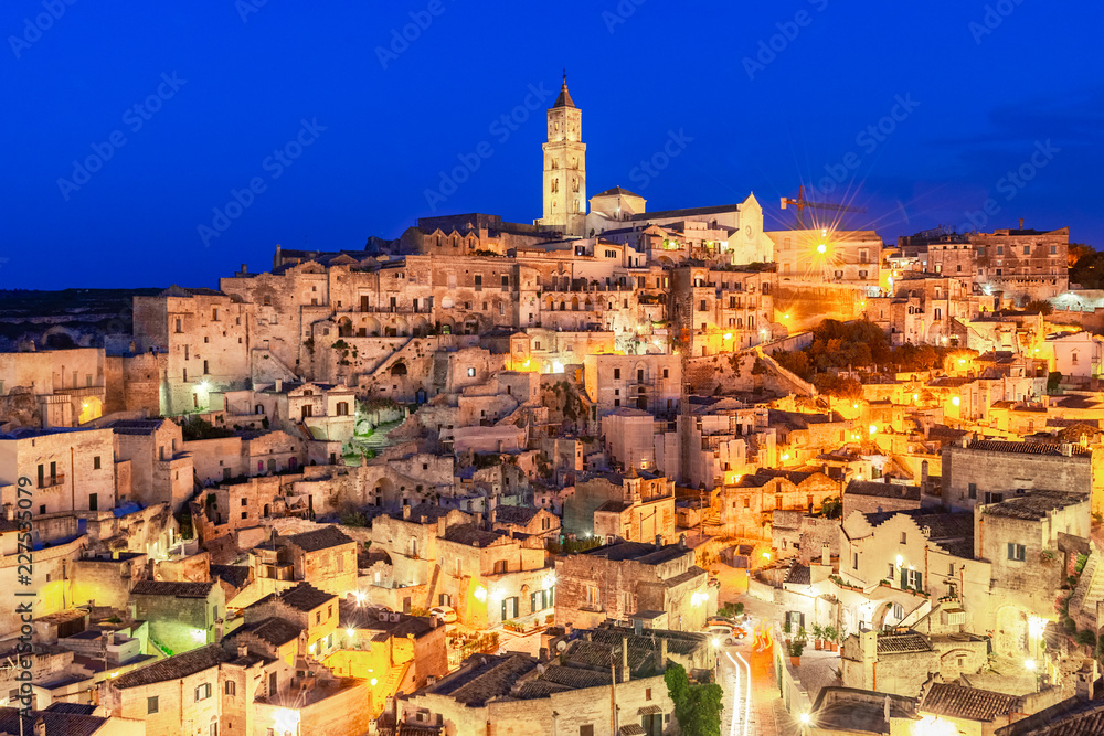 Matera, Basilicata, Italy: Night view of the old town - Sassi di Matera, European Capital of Culture, at dawn