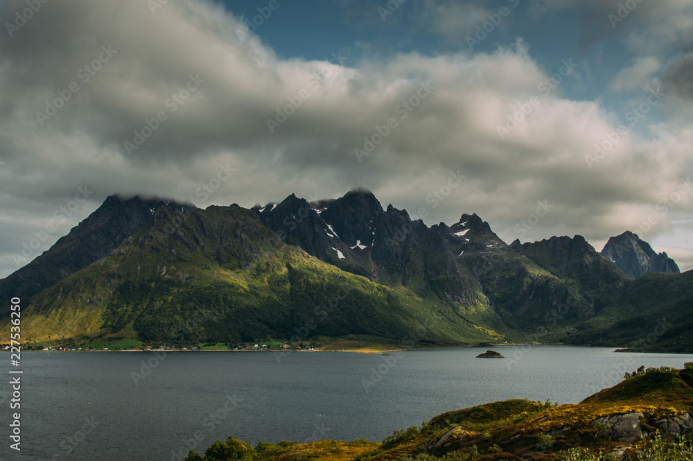Beautiful view to the settlement and mountains on Lofoten Islands