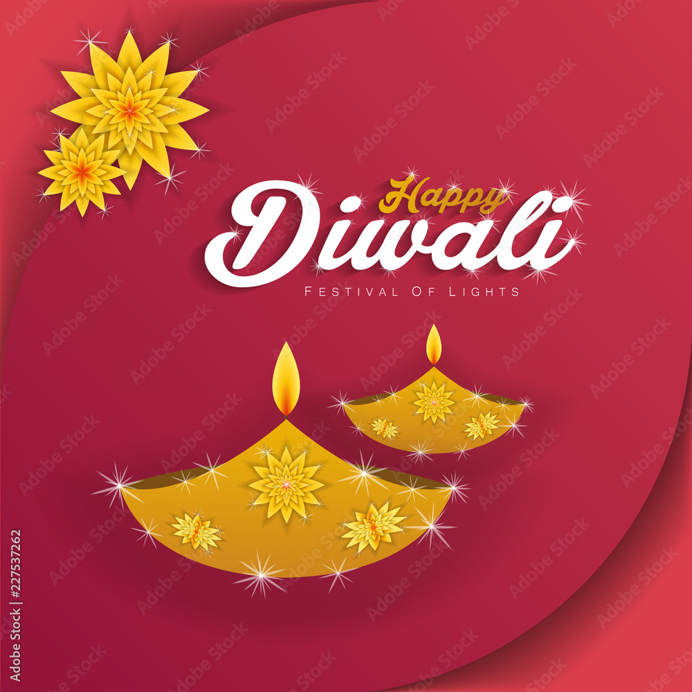 Diwali festival holiday design with gold and paper cut style of Indian Rangoli. pink color background. Vector illustration.
