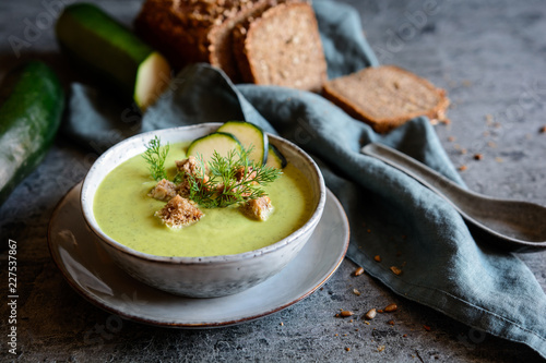 Creamy zucchini soup with croutons