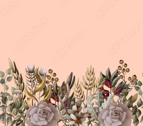 Border with leaves and succulent  in watercolor style. Eucalyptus, magnolia, fern and other  vector illustration.