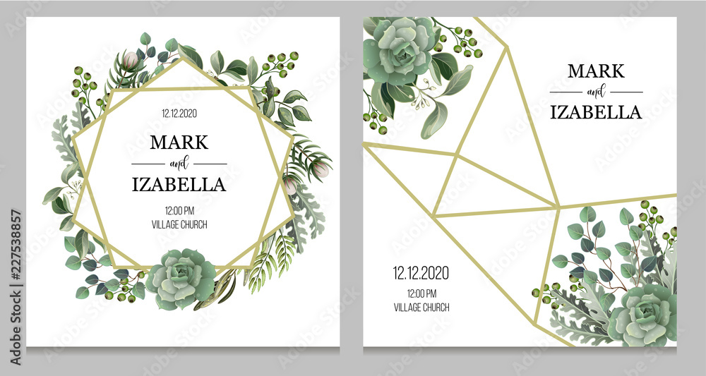 Wedding invitation with leaves, succulent and golden elements in watercolor style. Eucalyptus, magnolia, fern and other  vector illustration.