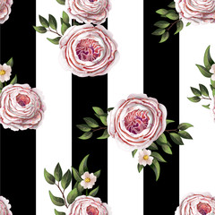Fototapete Rosenmuster Englische Rosen auf gestreiftem Hintergrund  © Yumeee