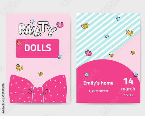 Cute fashion girls party invitation with glitter elements. Vector hand drawn illustration.