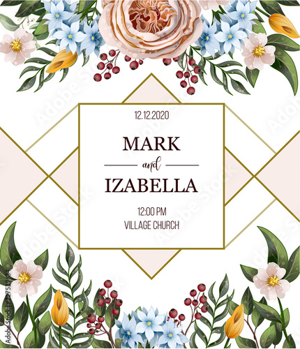 Wedding invitation with English roses, eucalyptus, flowers and golden elements in watercolor style. Vector.