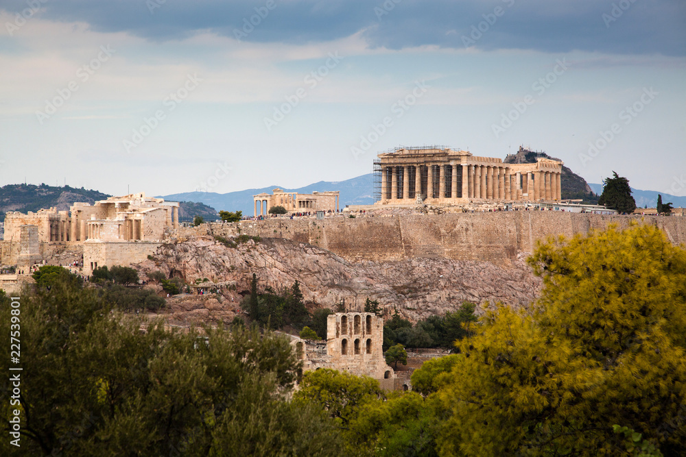 Fototapeta premium athens seen from Philopapou hill with views to Herodium , Acropolis and the Parthenon, Attica, Greece