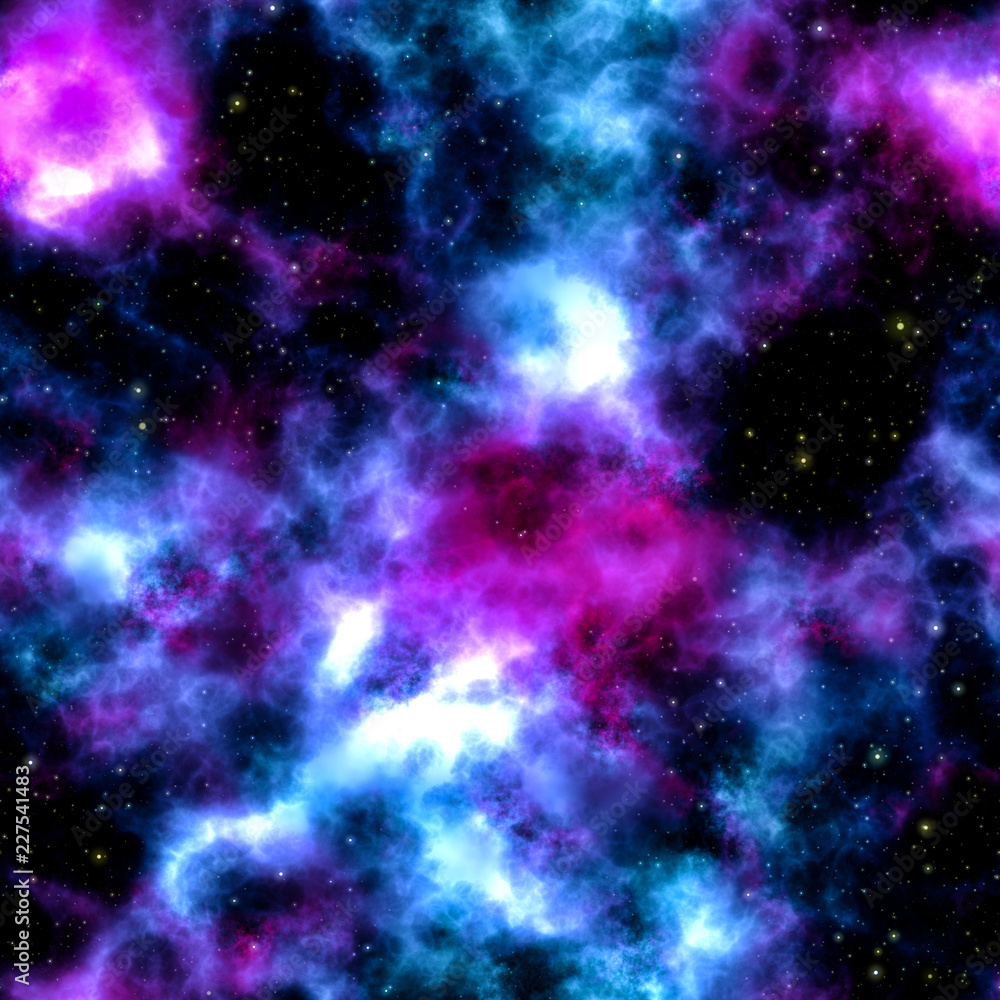 Night sky with bright blue red pink magenta colored nebula and stars seamless tiling