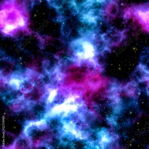 Fototapeta Naklejka Na Ścianę i Meble -  Night sky with bright blue red pink magenta colored nebula and stars seamless tiling