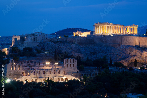 Fototapeta Naklejka Na Ścianę i Meble -  athens seen from Philopapou hill with views to Herodium , Acropolis and the Parthenon at blue hour, Attica, Greece