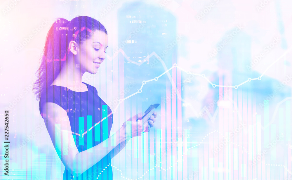 Businesswoman in foggy city, forex graphs Businesswoman in foggy city, forex graphs