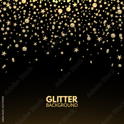 Glitter background. Falling gold glitter confetti. Luxury Christmas greeting card. Bright star dust. Sparkling glitter frame. Vector illustration