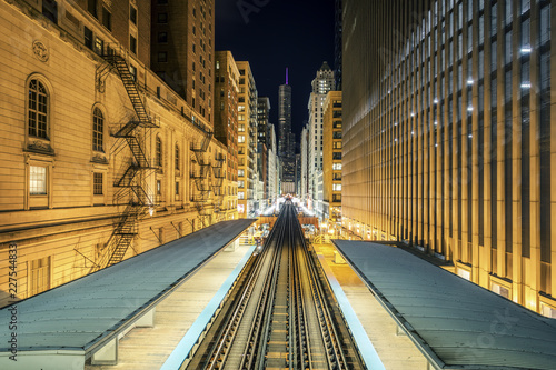 Adams Wabash Train line towards Chicago Loop in Chicago by night