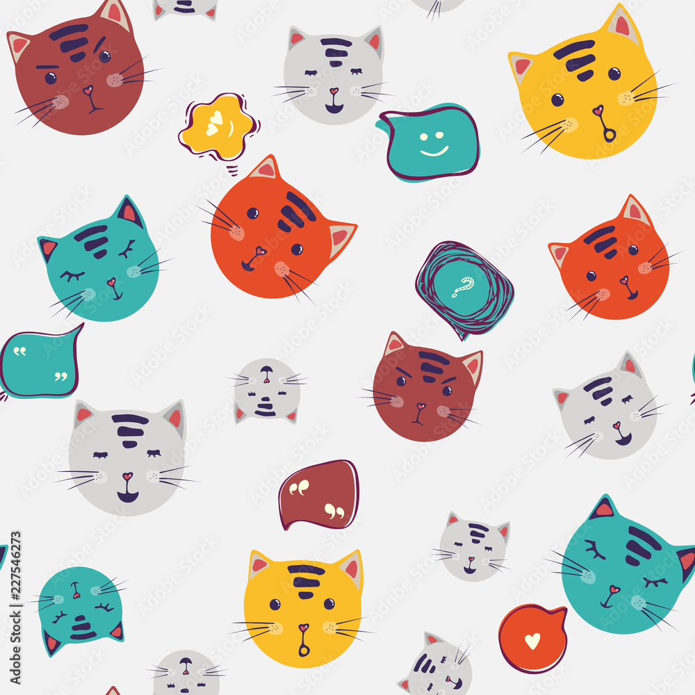 cute Cats with speech bubble, vector seamless pattern with cartoon cat faces. fabric printing stickers. Trendy background. hand drawing cute Cats with speech bubble, vector seamless pattern with cartoon cat faces. fabric printing stickers. Trendy background. hand drawing