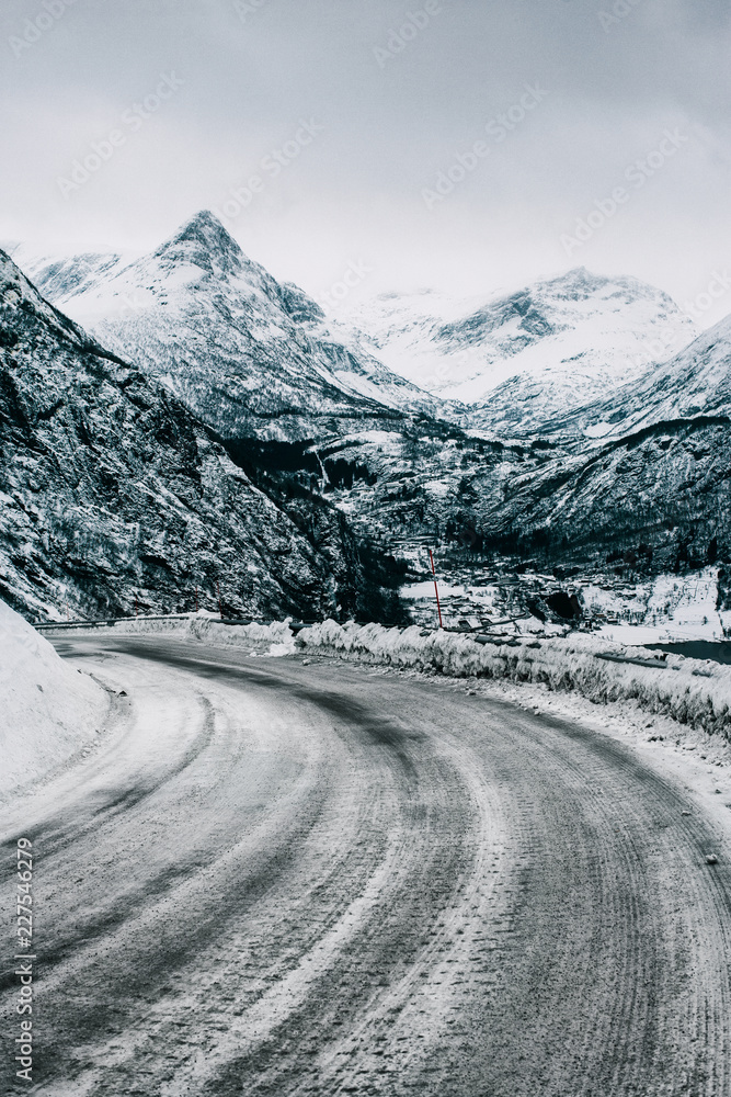 Frozen Road to Geiranger During Moody Winter Day (Norway) Frozen Road to Geiranger During Moody Winter Day (Norway)