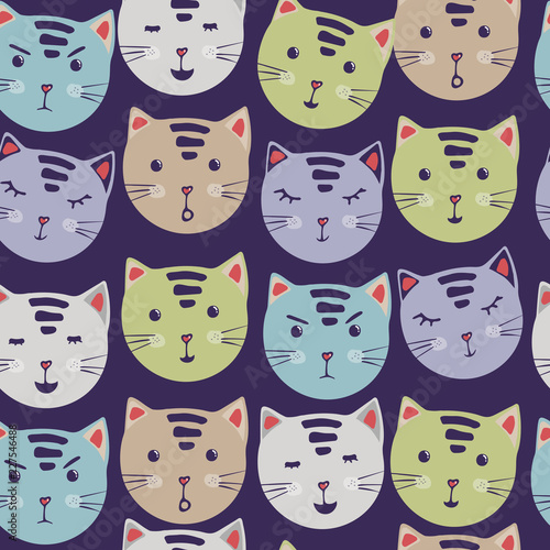 cute Cats. vector seamless pattern with cartoon cat faces. fabric printing stickers. Trendy background. hand drawing.