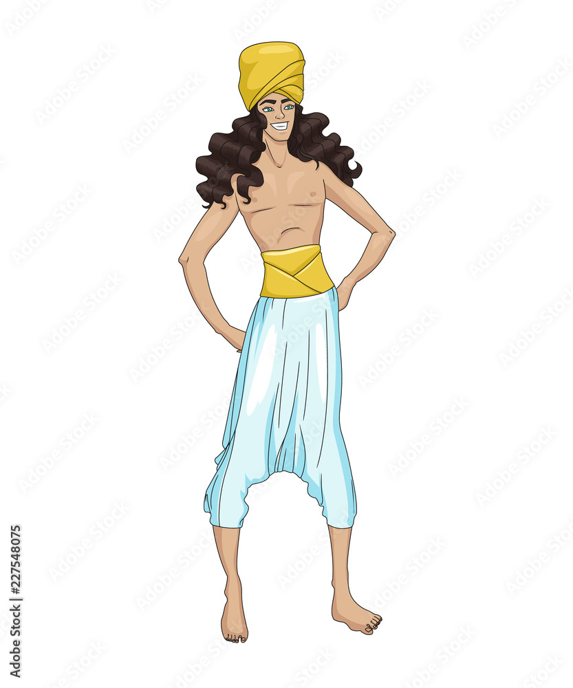 Aladdin Persian Character. Young man with long hair. Character for fairy  tales. Vector illustration. Stock Vector | Adobe Stock
