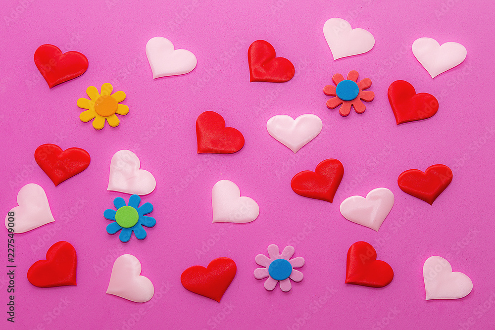 Background With Red and Pink Hearts and Flowers