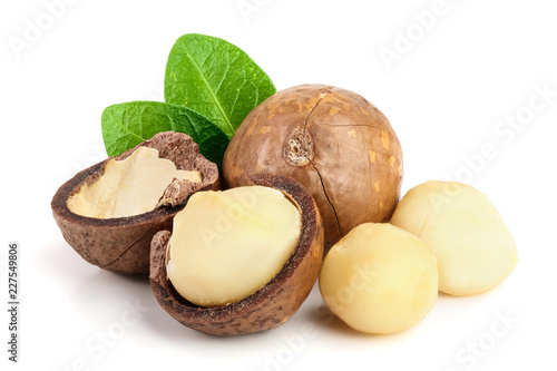 Shelled and unshelled macadamia nuts with leaves isolated on white background photo