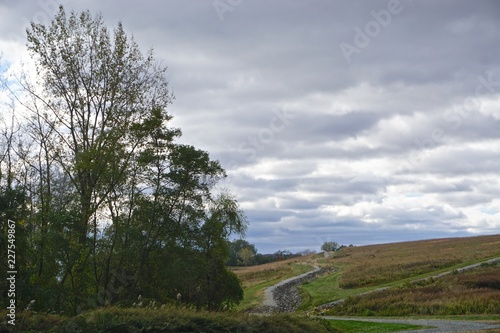 Croton-on-Hudson, New York, USA: A path leads through a field to the horizon on a cloudy day in Croton Point Park, along the Hudson River in Westchester County.