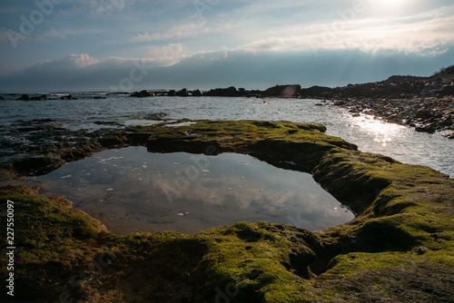 morning on the ocean at low tide  green stones and smooth pools  reflecting the sky