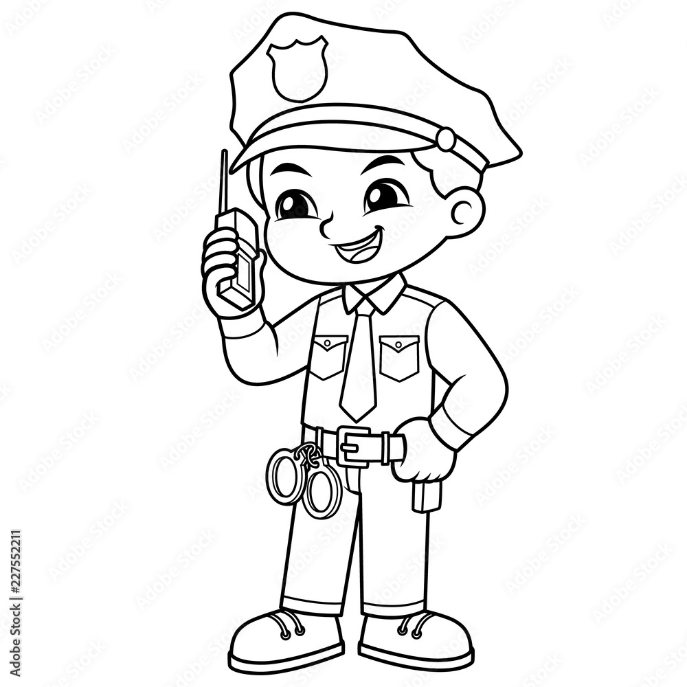 Police Officer Boy Checking Information With Walky Talky BW