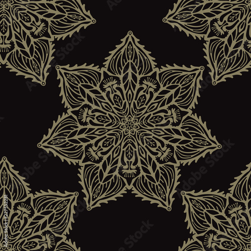 Intricate Star Arabesque Mandalas Seamless Vector Pattern, Hand Drawn Boho Ornament Flourish Illustration for Trendy Home Decor, Yoga Fashion Print, Indian Style Tattoo Designs. Meditation Background.