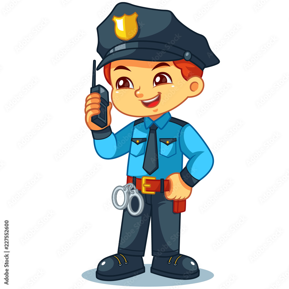 Police Officer Boy Checking Information With Walky Talky