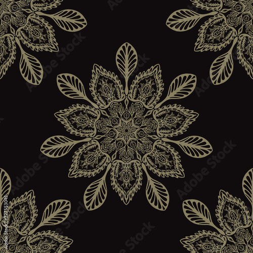 Floral Arabesque Mandalas Seamless Vector Pattern, Hand Drawn Boho Ornament Flourish Illustration for Trendy Home Decor, Yoga Fashion Print, Ethnic Indian Style Tattoo Design. Meditation Background.