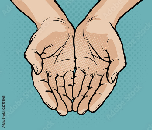 Cupped hands, folded arms. Pop art retro comic style. Cartoon vector illustration