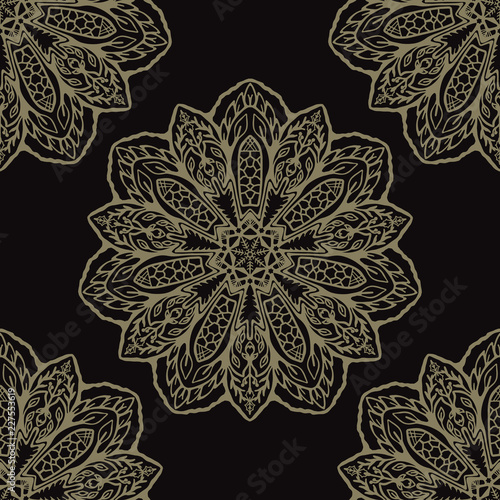 Floral Arabesque Mandalas Seamless Vector Pattern, Hand Drawn Boho Ornament Flourish Illustration for Trendy Home Decor, Yoga Fashion Print, Ethnic Indian Style Tattoo Design. Meditation Background.