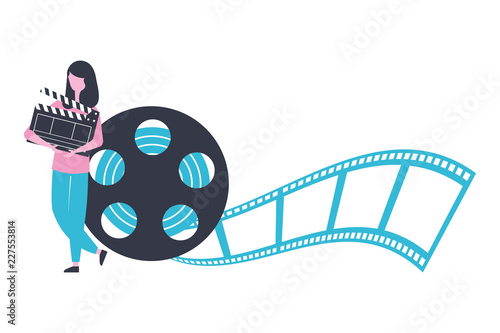woman with clapperboard and reel strip production movie film