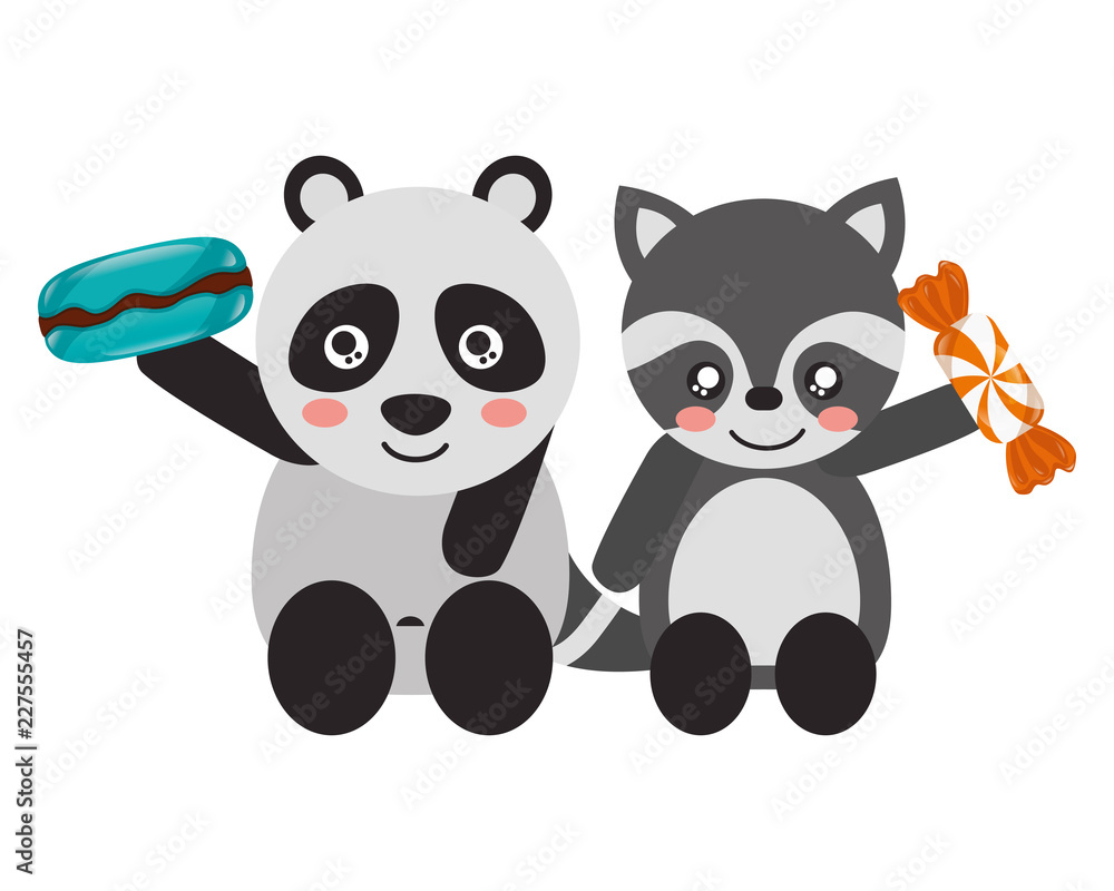 Naklejka premium cute panda and raccoon sweet candies