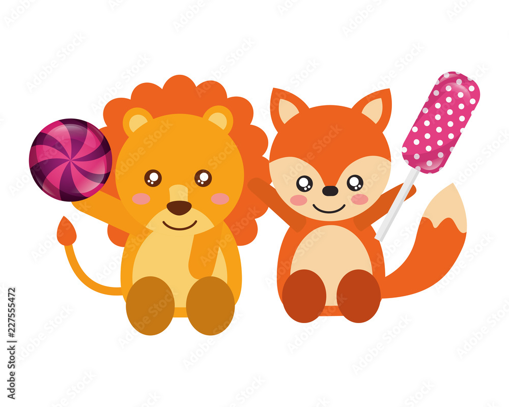 cute fox and lion sweet candy lollipop