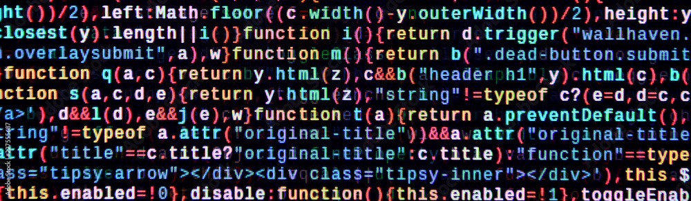 Writing programming code on laptop. Digital binary data on computer ...
