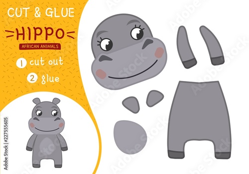 Education paper game for preshool children. Vector illustration. Collection of African animals. Illustration of a cute cartoon hippo