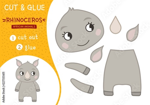 Education paper game for preshool children. Vector illustration. Collection of African animals. Illustration of a cute cartoon rhinoceros