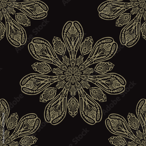 Arabesque Ornamental Mandala Seamless Vector Pattern, Hand Drawn Boho Ornament Flourish Illustration for Trendy Home Decor, Yoga Fashion Print, Indian Style Tattoo Designs. Meditation Background.