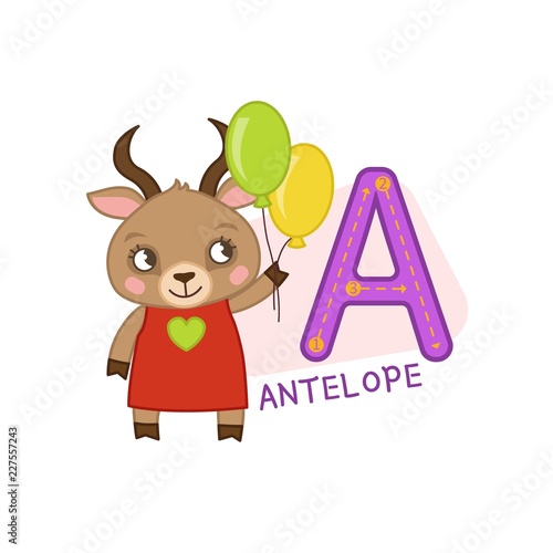 Vector cute kids animal alphabet. Letter A. Cute cartoon antelope. 