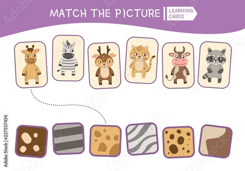 Learning cards animal fur pattern. Matching children educational game. 