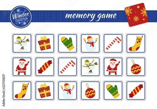 Memory game for preschool children, vector cards with christmas objects. Find two identical picture. Kids activity page for book. 