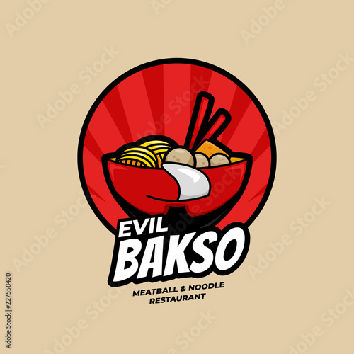 Evil Ramen Bakso Meatball and Noodle Restaurant bowl with face logo symbol icon illustration